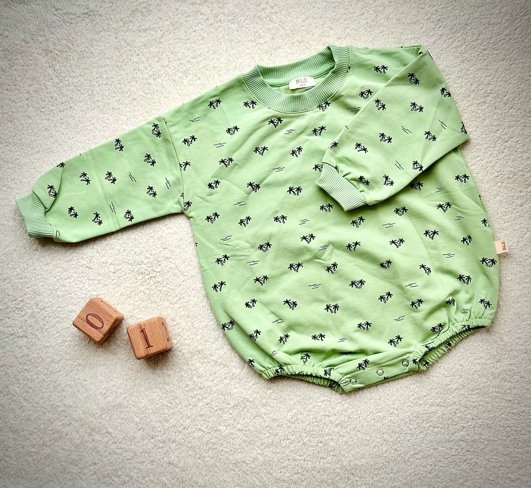 Pastel Yeşil Palmiye Desenli Büyük Boy Pamuklu Tulum Romper
